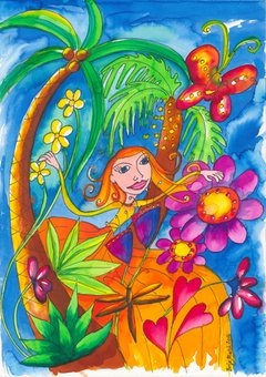 Fairy, Flowers, Palm Tree